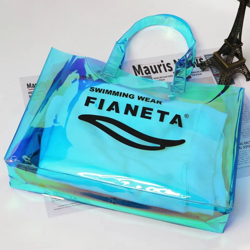 Custom Fashion Shopping Transparent Clear Iridescence PVC Holographic Tote Bag Cloths Cosmetic Packaging Plastic Mirage Handbag