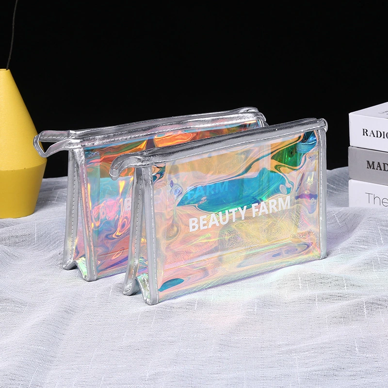 Iridescent Clear Toiletry Bag Waterproof Holographic PVC Zipper Makeup Bags