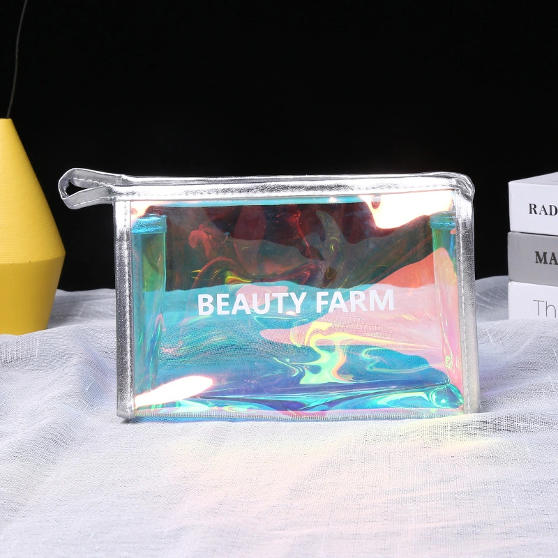 Iridescent Clear Toiletry Bag Waterproof Holographic PVC Zipper Makeup Bags