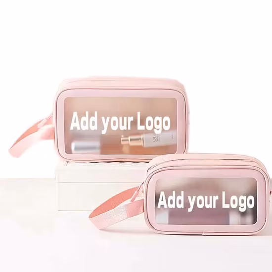 Borsa da toilette trasparente con supporto impermeabile di lusso alla moda Borsa per trucco cosmetico promozionale in PU e PVC trasparente personalizzazione di base