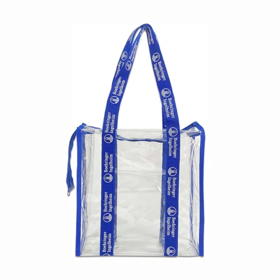 Shopper trasparenti in PVC con stampa logo personalizzata e shopper trasparenti con tasche con cerniera.  Borsa shopping realizzata in PVC trasparente