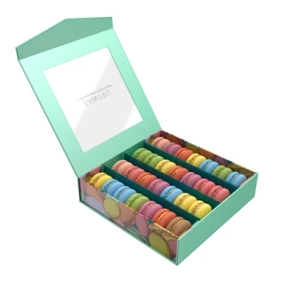 Scatola per macarons di carta da imballaggio in cartone rigido Sawtru all'ingrosso con finestra in PVC per alimenti, noci, cioccolato, caramelle, torte